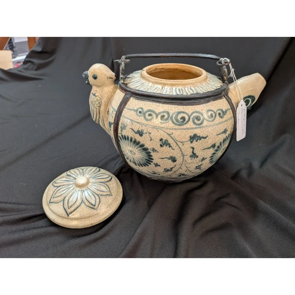 Antique Blue & White Asian Teapot Figural Spout